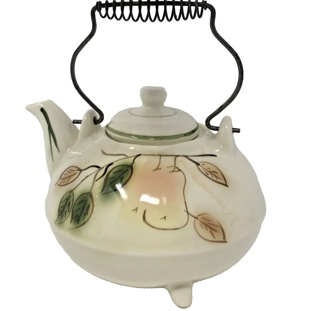 California Pottery Teapot Vintage 3 Toed Handpainted Fruit Metal Coil Handle USA